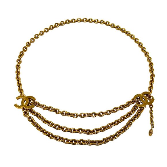 CHANEL 1980s Vintage Gold Logo CC Pendant Triple Chain Belt - Picture 1 of 11